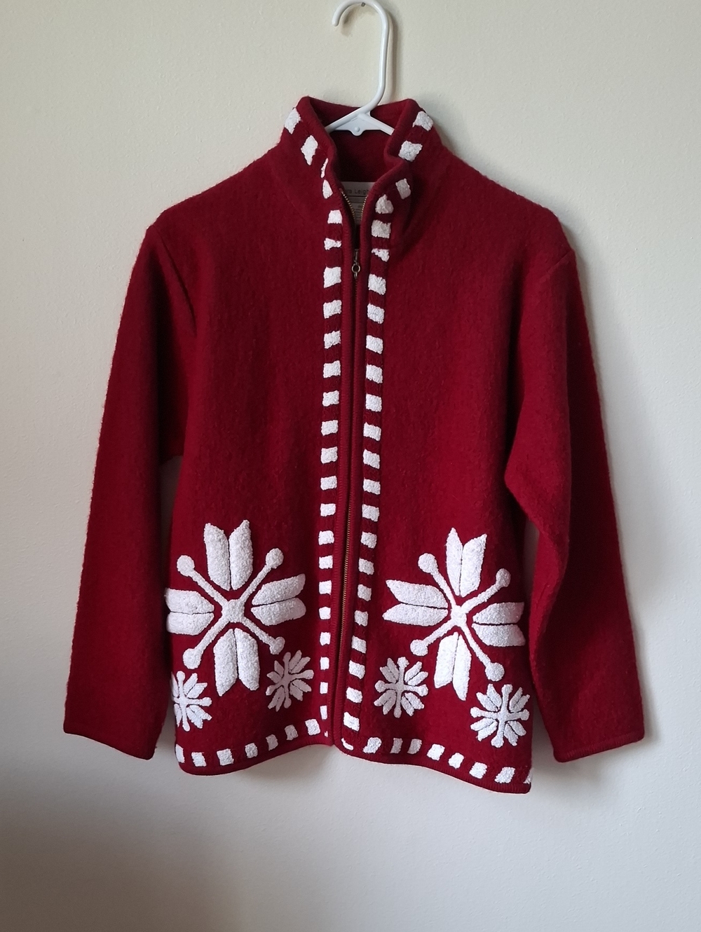 Vintage Laura Leigh Red Snowflake Boiled Wool Sweater Jacket Size M